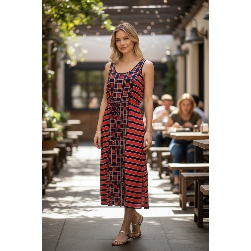 MK Michael Kors Geometric Stripe Drawstring Sleeveless Maxi Dress Size M Medium